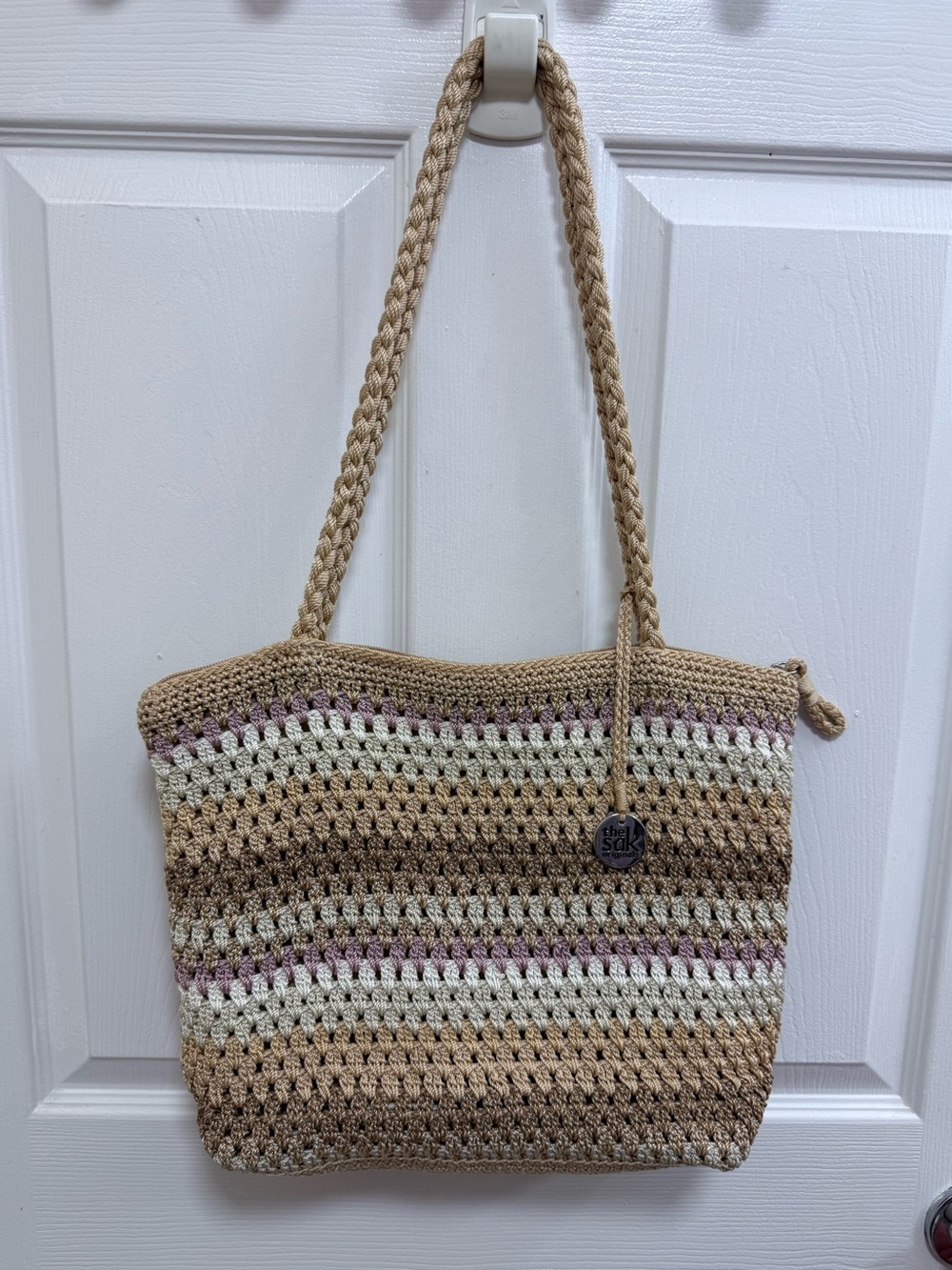 The Sak Crochet Stripe Tote in Beige, Cream and Light Mauve